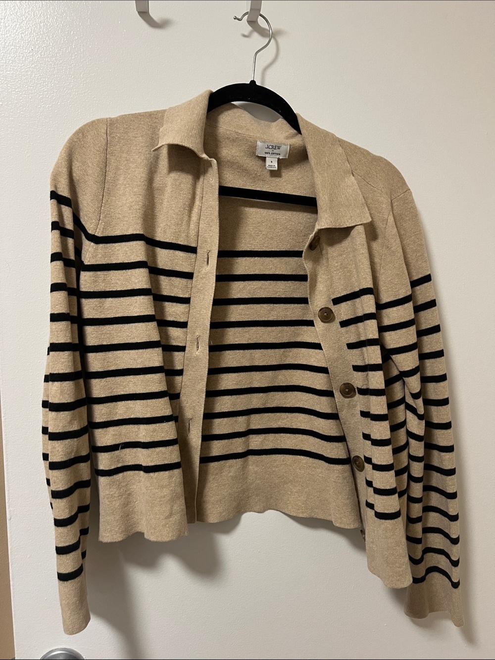 J. Crew Factory Beige and Black Striped Button-Front Cardigan with Collar